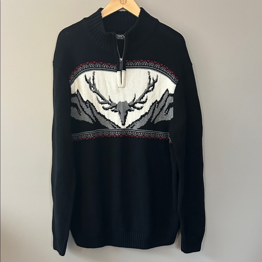 Chaps Quarter Zip Pullover Mock Neck Sweater Deer Design Sz XL Black Cream Grey‎
